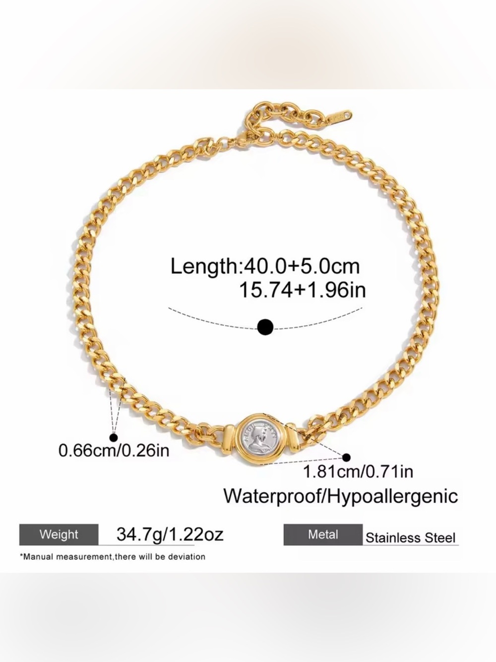 Cuban Chain Two-Tone Coin Link Necklace in Gold and Silver - Picture 2 of 5